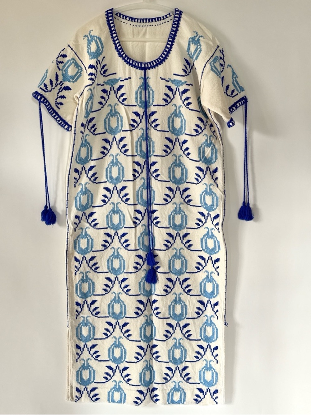 Handwoven Bohemian Midi Dress with Blue Embroidery